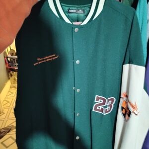 SHEIN Dark Green Varsity Jacket with White Sleeves